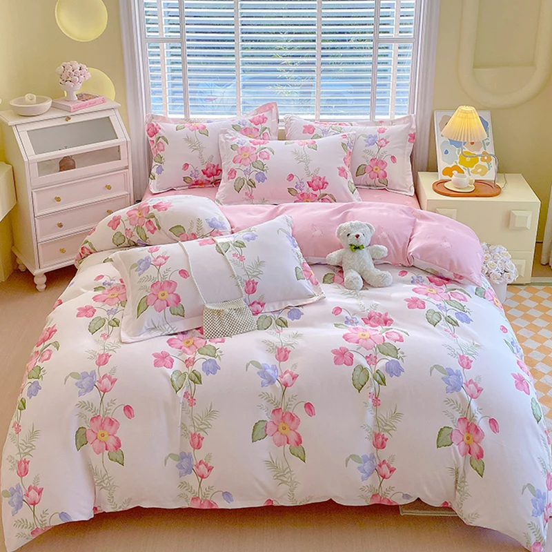 Pink-Floral-Printed-Plant-Printed-Polyester-4PCS-Bed-Sheet-Cover-Set