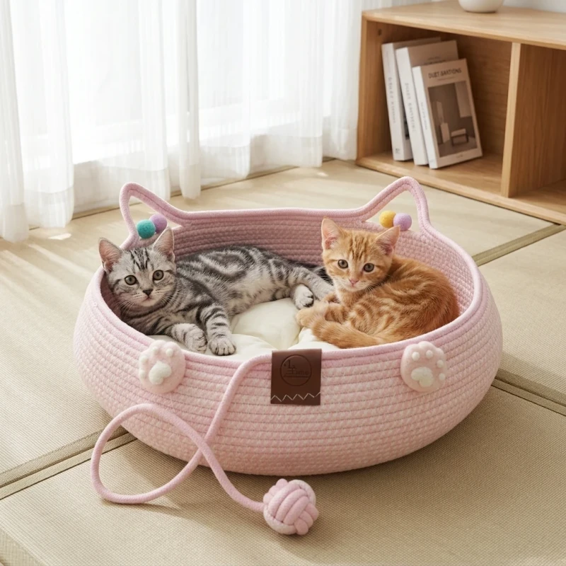 Pink-Solid-Fashion-Hand-Woven-Round-Cat-Bed-with-Scratching-Board-Interactive-Ball-All-Season-Washable-for-Cats-Dogs