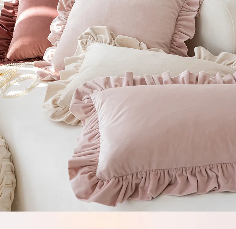 Pink-White-Velvet-Ruffles-Fall-Throw-Pillow-18x18-Inches-Covers-Square-Cozy-Soft-Solid-Color-Decorative-Cushion-Cases
