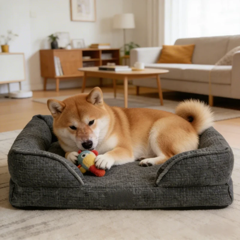 Plain-Colored-Linen-Square-Blue-Custom-Luxury-Calming-Dog-Bed