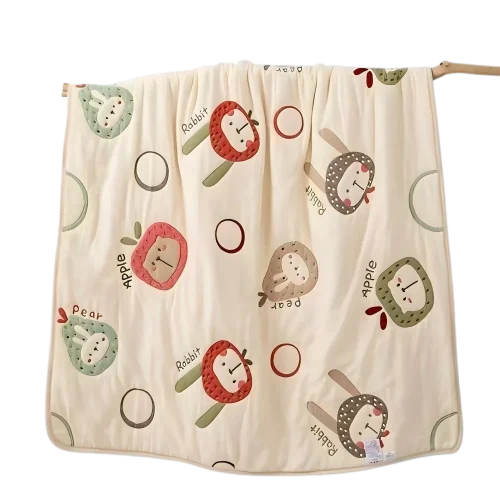 Playful-Fruit-and-Rabbit-Printed-Baby-Blanket-with-Apple-Pear-Motifs-for-Infants-Bedtime-Playtime-Kids-Bedding-Product