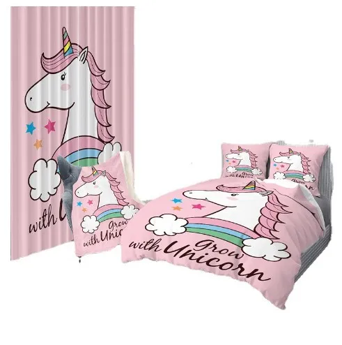 Polyester-Cotton-Bedding-Set-Duvet-Cover-with-Matching-Curtain-Blanket-Unicorn-Cartoon-6Pc-Digital