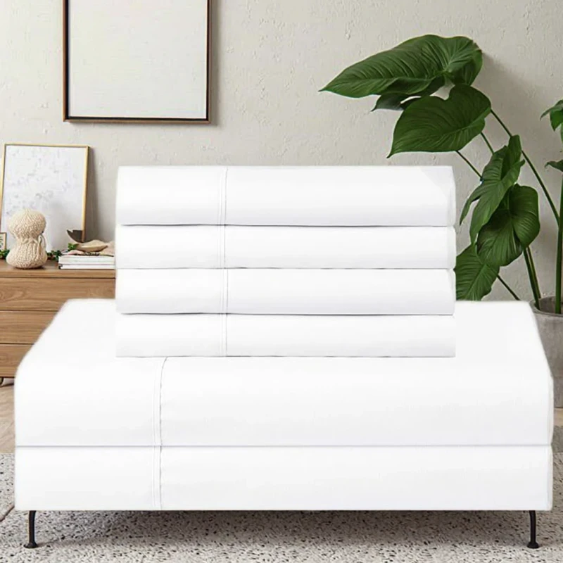 Polyester-Cotton-Woven-Plain-Hotel-Bedding-Set-White-Flat-Sheet-King-Queen-Sizes-OEM-Custom-Designs-OEKO-TEX-Certified