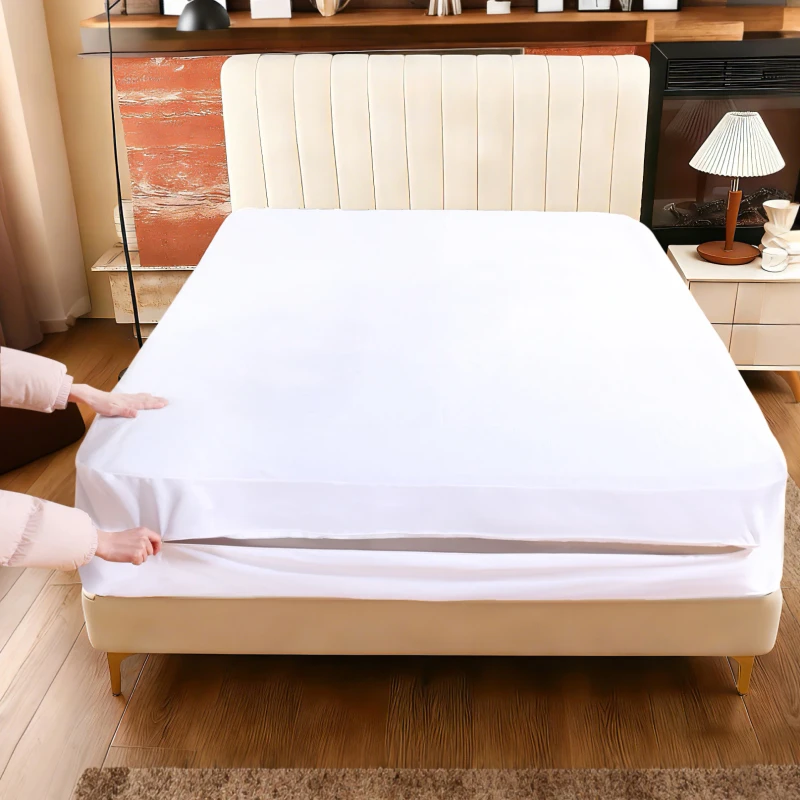 Polyester-Knitted-Waterproof-Mattress-Encasement-Custom-Size-White-Color-Zippered-Waterproof-Mattress-Protector