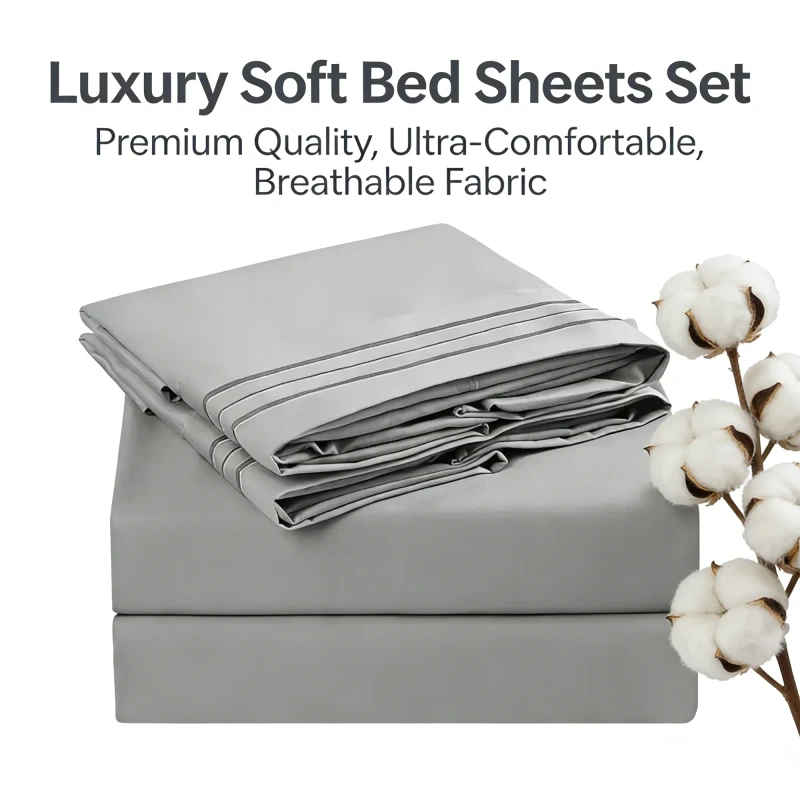 Premium-4Pcs-100-Cotton-Home-Textiles-Bedding-Set-Flat-Fitted-Sheet-Bedsheet-With-2-Pillow-Cases-for-Hotel