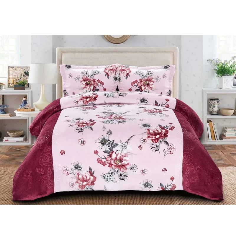 Print-Flower-Blanket-3pc-Set-Super-Soft-Warm-Sherpa-Heavy-Winter-Comforter-King-Size