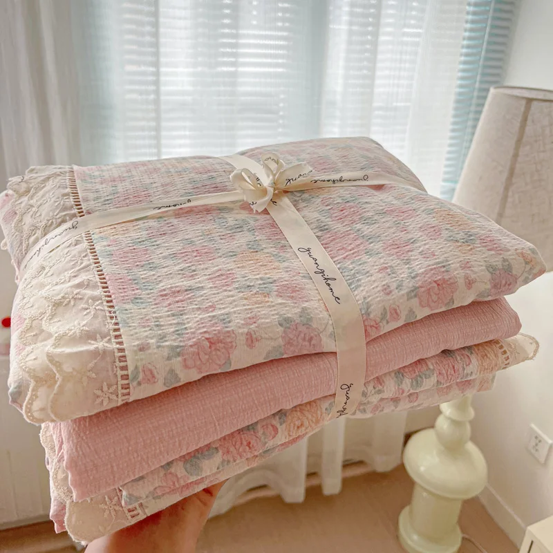 Printed-Crinkle-Double-Gauze-Cotton-Bedding-Set-4-Piece-Bed-Sheet-Set-Lace-Edging-Duvet-Cover-Sets