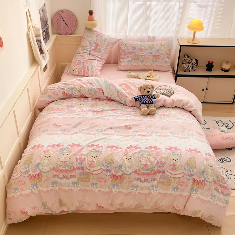 Pure-Cotton-Washed-Bedding-Set-4pc-Cute-Cartoon-Solid-Color-Duvet-Cover-Teenagers-Children-Bulk