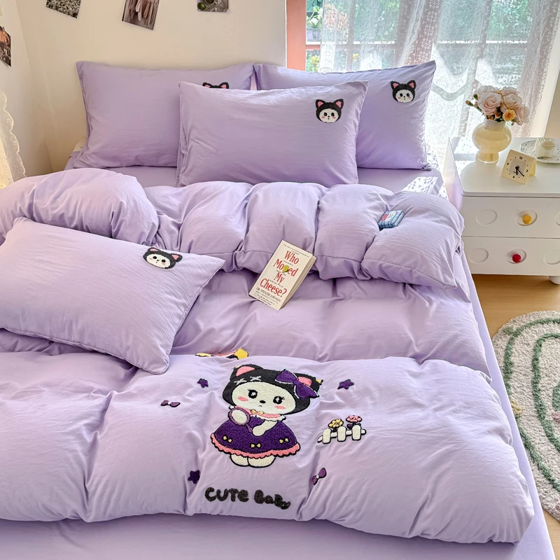 Purple-Cotton-Cartoon-Embroidery-Kids-Bedding-Set-4Pcs-Soft-Breathable-Children-Duvet-Cover-Set-for-Girls