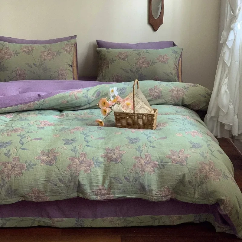 Purple-Green-Floral-Duvet-Cover-Set-Comforter-Cover-Yarn-Dyed-Jacquard-Cotton-Muslin-Quilt-Cover