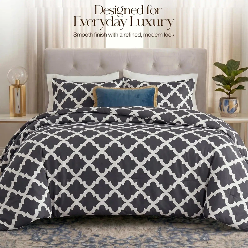 Queen-Size-3-Piece-Grey-Printed-Comforter-Set-Alternative-Filling-Contemporary-Style