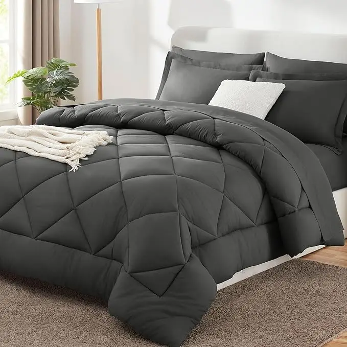Queen-Size-All-Season-Feather-Down-Comforter-100-Cotton-Cover-Dark-Grey-Medium-Warmth-Duvet-Insert-with-Corner-Tabs