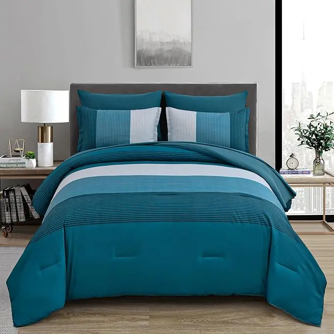 Queen-Size-Microfiber-Luxury-Comforter-Set-8-Piece-Plain-Style-Patchwork-200TC-Woven-Polyester-Filling-Home-Friendly