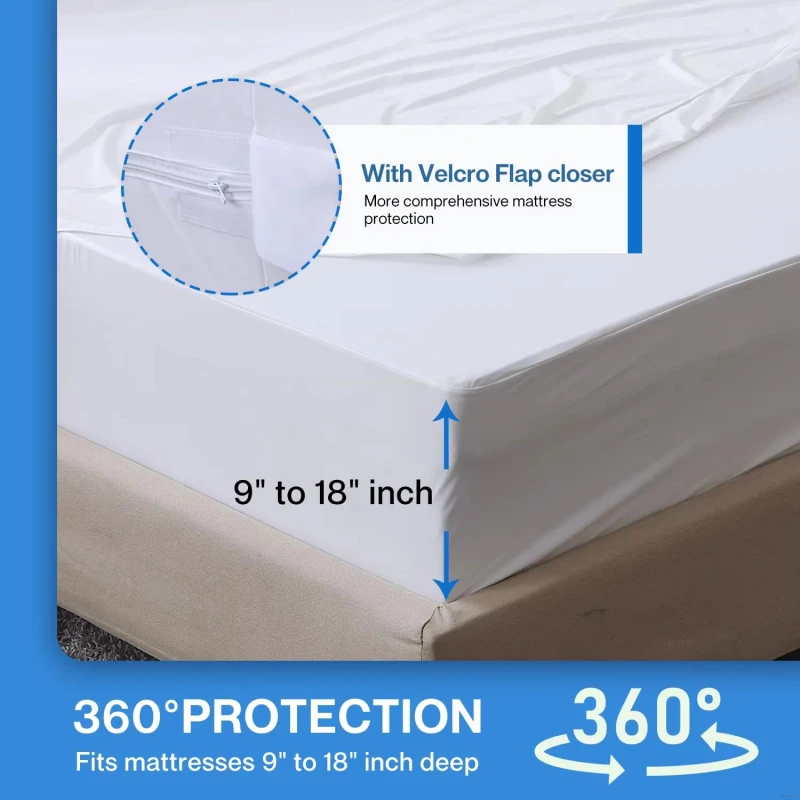 Queen-Waterproof-Bamboo-Cotton-Mattress-Protector-Anti-Bacteria-Anti-Dust-Mite-Protection-Solid-Color-Zipper-Closure