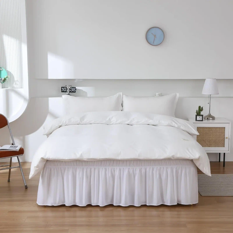 Queen-and-King-Size-White-Wrap-Around-Bed-Skirt-Three-Fabric-Sides-Elastic-Dust-Ruffled-16-Inch-Tailored-Drop