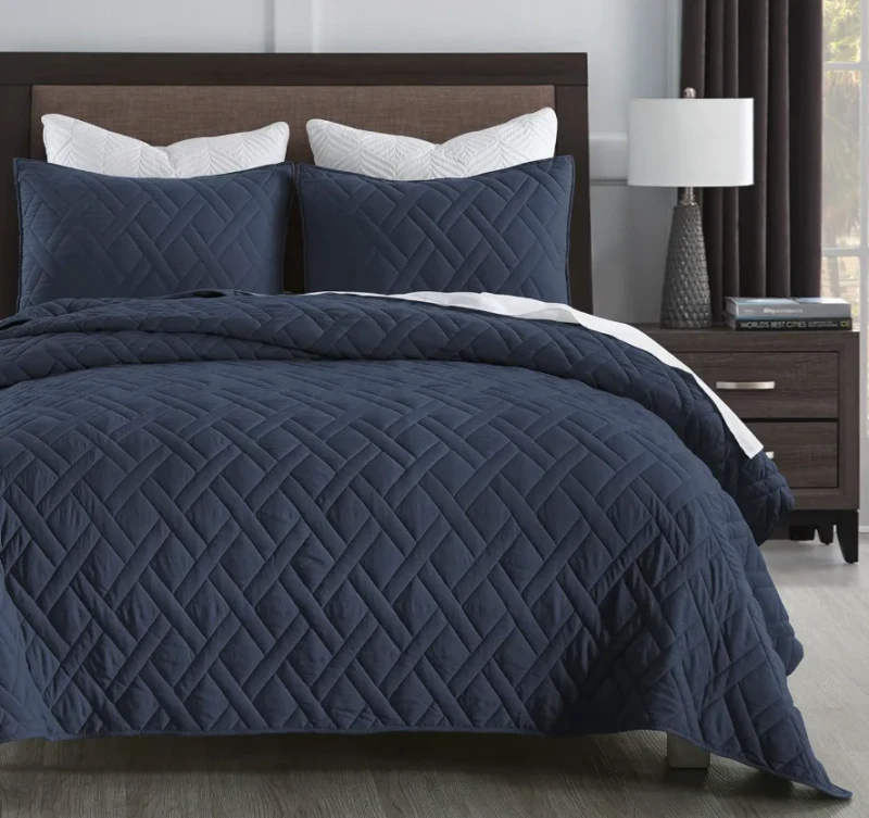 Quilt-Set-Queen-Size-Navy-Blue-Diamond-Stitched-Pattern-Microfiber-Bedding-Bedspread-Coverlet-with-1-Quilt-2-Pillow-Shams