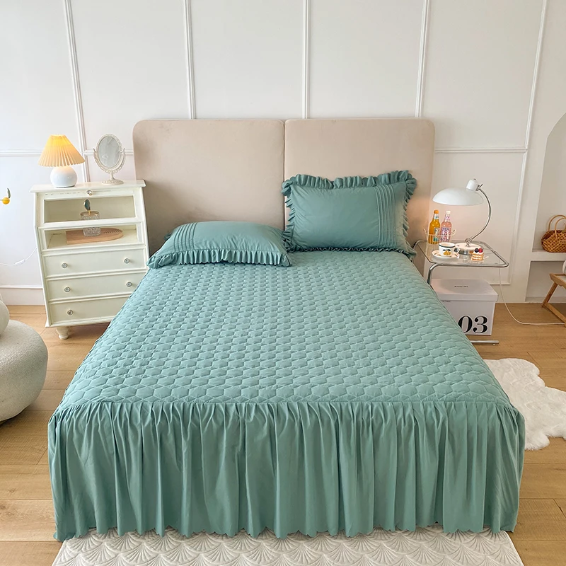 Quilted-Bed-Skirt-Set-Solid-Color-Korean-Princess-Style-Soft-Thick-Ruffle-Bed-Skirt-with-Pillowcases
