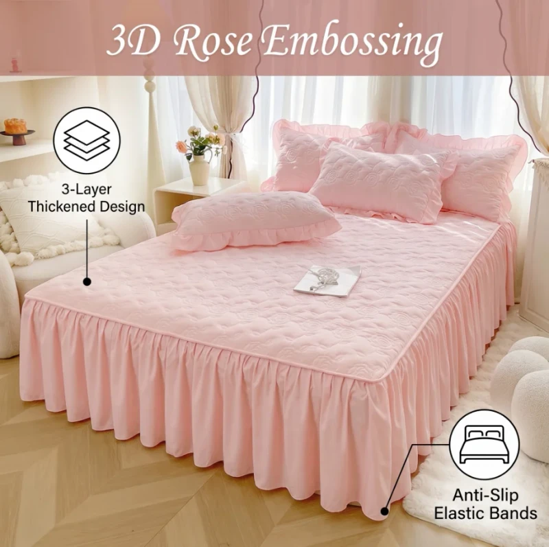 Quilted-Princess-Style-Three-Piece-Cotton-Bed-Skirt-Set-Concealing-Bottom-Design-Brushed-Lace-Solid-Pattern-300tc-Thread-Count
