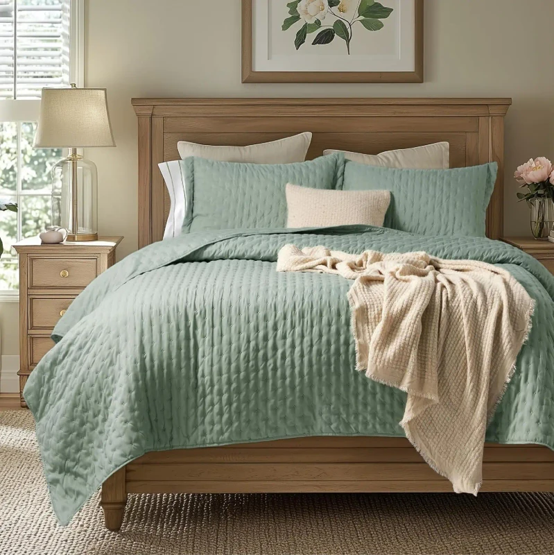 Quilts-Ultra-Soft-Pre-Washed-Bedspread-Lightweight-Comforter-with-2-Pillow-Shams-Summer-Bedding-Set-with-Leaf-Design