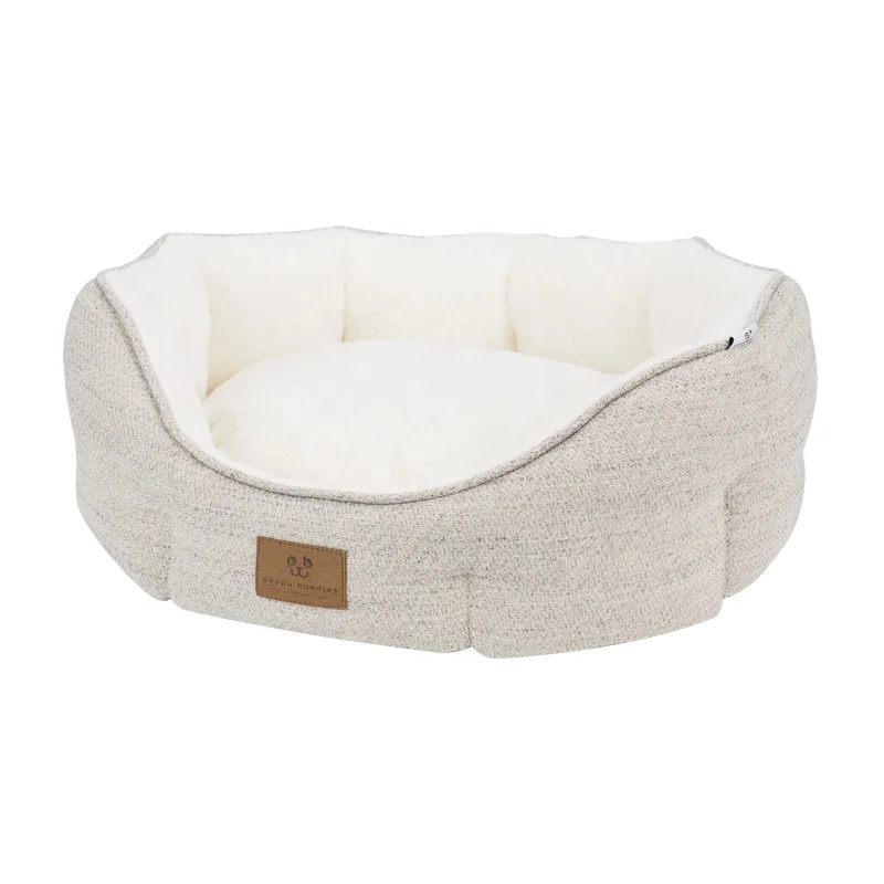 Rabbit-Plush-Faux-Linen-Twill-Oval-Dog-Pet-Bed-with-Reversible-Pillow