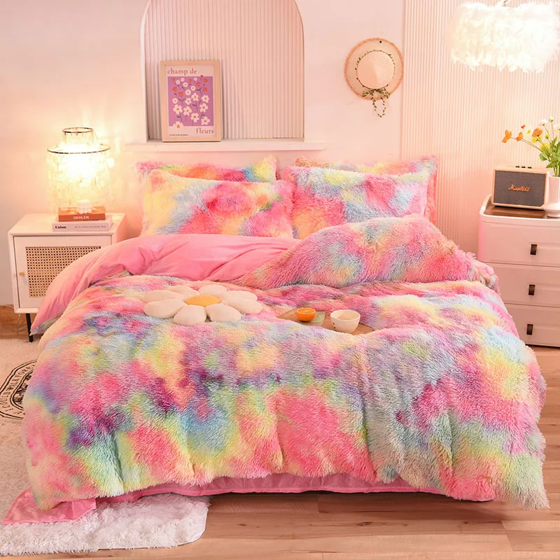 Rainbow-Color-Faux-Fur-Velvet-Fluffy-Plush-Velvet-Bedding-Set-4-Piece-King-Size-Warm-Bed-Sheet-Cover-for-Hotels