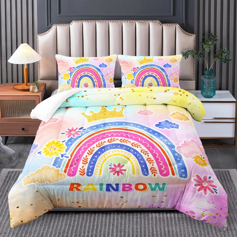 Rainbow-Painted-Clouds-Cartoon-Animal-Pink-Girls-Bedroom-Bedding-Winter-Warm-Modern-3-Piece-Comforter-Set