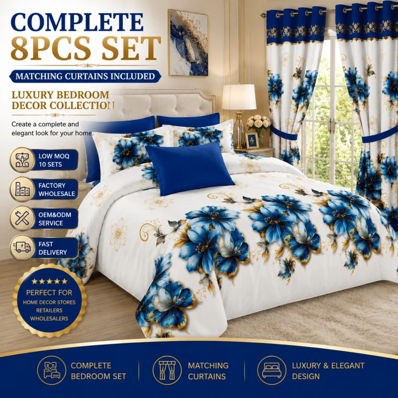 Ready-to-Ship-8-Pieces-Sheet-Set-With-Curtains-King-Size-Cotton-Flat-Sheet-and-Fitted-Sheet-Good-Quality-Luxury-Bedding
