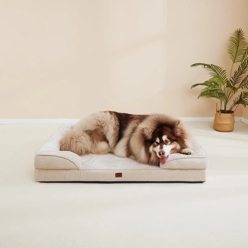 Removable-Cover-Waterproof-Linen-Neutral-Cream-Yarn-Boucle-Orthopaedic-Orthopedic-Foam-Dog-Bed