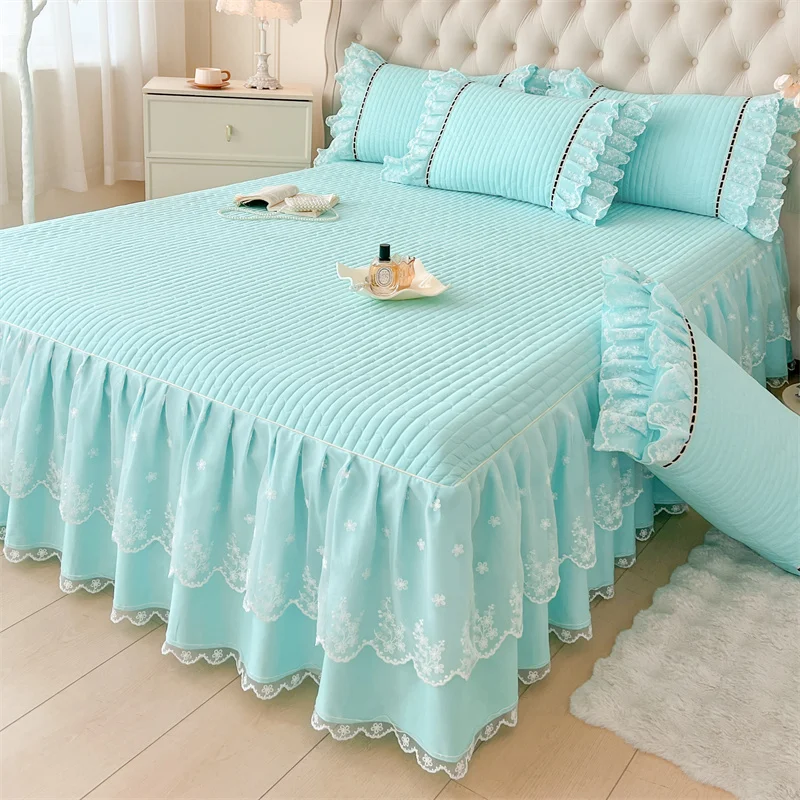 Ruffled-Romantic-Solid-Sky-Blue-Spring-and-Summer-Bed-Sheet-100-Cotton-Quilted-Lace-Cotton-Bed-Skirt