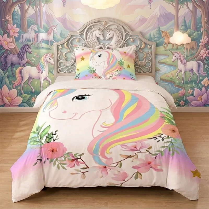 Single-Size-Unicorn-Duvet-Cover-Set-Rainbow-Unicorn-Print-Bedding-Set-for-Toddler-Girls
