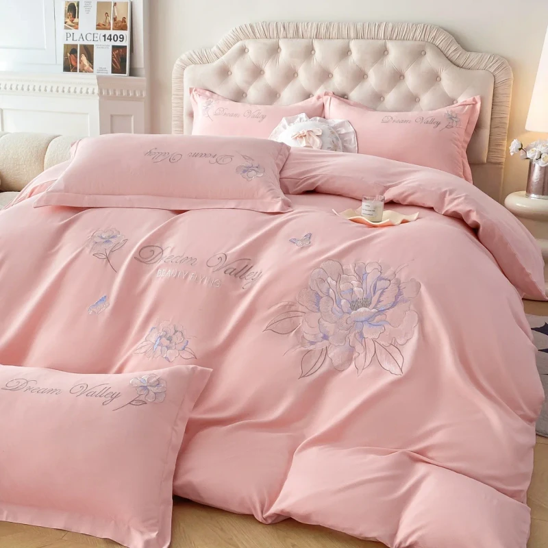Skin-friendly-Cotton-Brushed-Four-piece-Duvet-Cover-Set-Luxury-Floral-Print-Breathable-Eco-Friendly-All-Season-Pure-Color