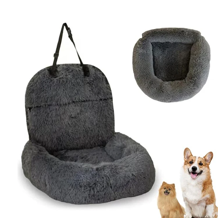 Soft-First-Class-Car-Booster-Pet-Seat-Nest-Washable-Portable-Grey-Plush-Travelling-Bed-Dog-for-Safety-Belt