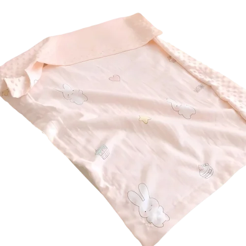 Soft-Pink-Minky-Dot-Trim-Baby-Blanket-with-Bunny-and-Pastry-Prints