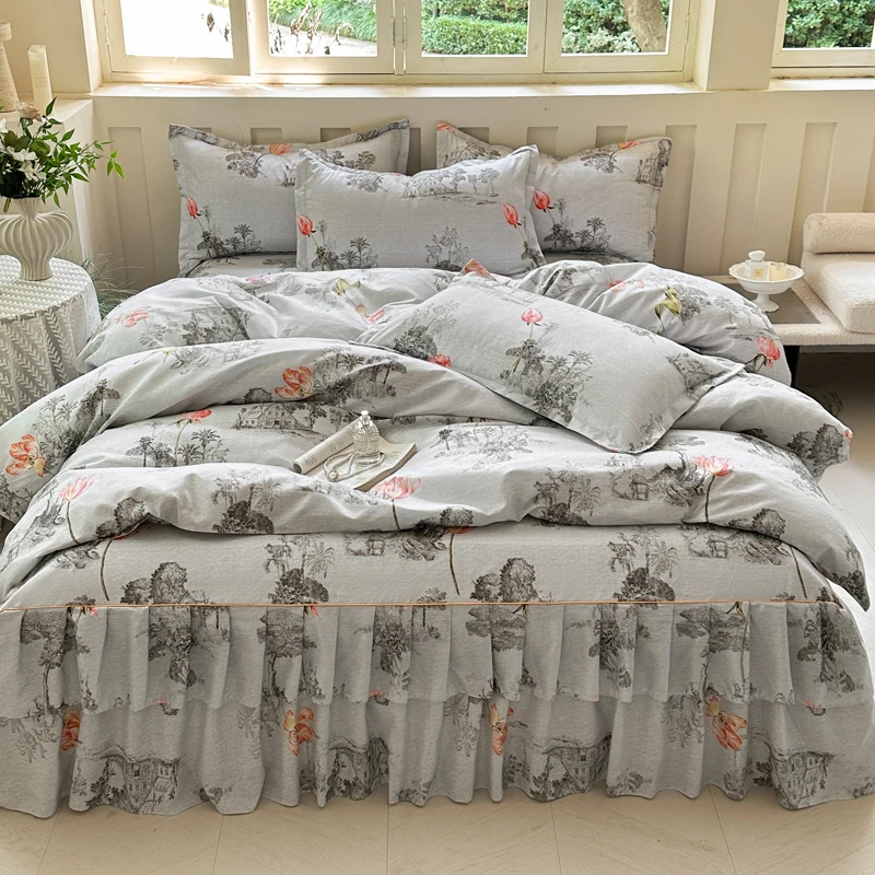Soft-Skin-Friendly-Polyester-300tc-Washable-Bed-Skirt-40-Fabric-Count-Large-Floral-Print-Customizable-4-Piece-Bedding-Set-Home