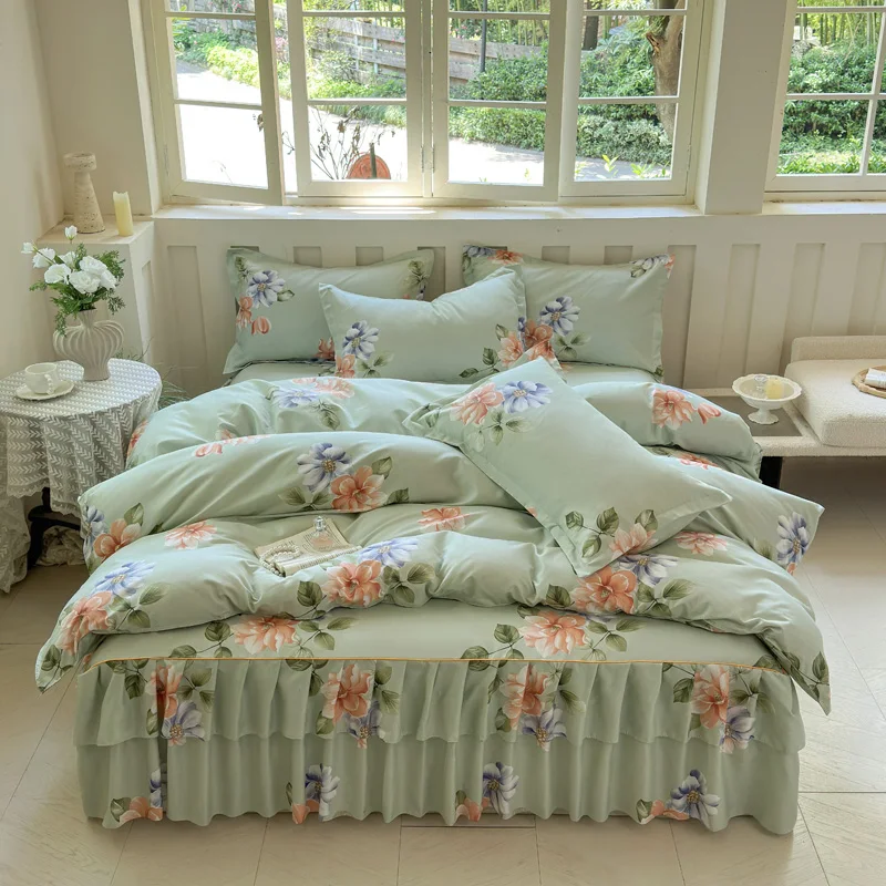 Soft-Skin-Friendly-Polyester-300tc-Washable-Bed-Skirt-with-Large-Floral-Print-Customizable-4-Piece-Bedding-Set-2