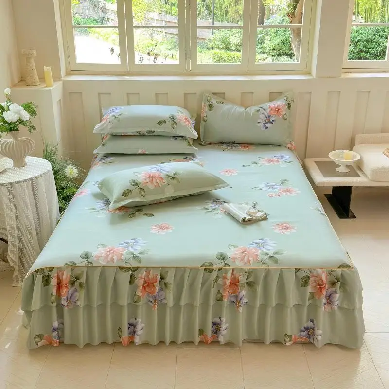 Soft-Skin-Friendly-Polyester-300tc-Washable-Bed-Skirt-with-Large-Floral-Print-Customizable-4-Piece-Bedding-Set