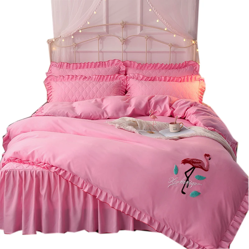 Soft-Washed-4-Pcs-Print-Liners-Filling-Cotton-Comfoeter-Embroidered-3D-Lace-Luxury-Wedding-Bed-Skirt-Set