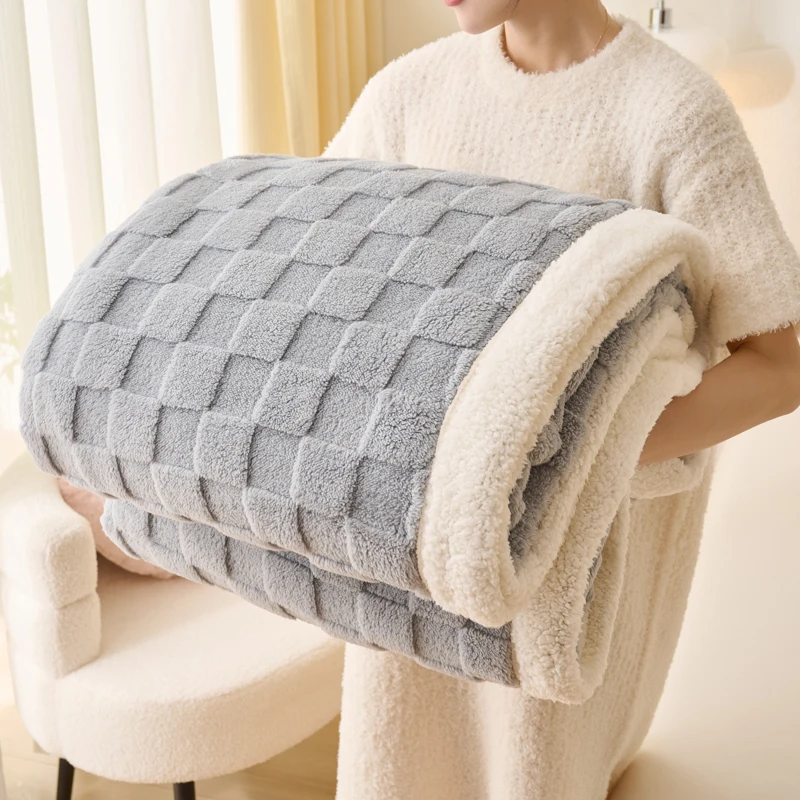 Solid-Checkered-Coral-Fleece-Sherpa-2-Ply-Blankets-Throw-Flannel-Lamb-Wool-Double-Layer-Bed-Cover-Quilt-for-Winter-Sofa-Couch