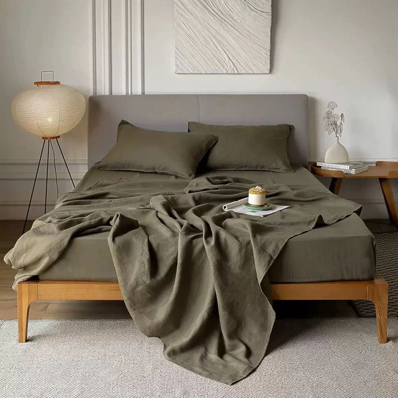 Solid-Color-Flax-Linen-Home-Textile-Flat-Fitted-Sheets-Deep-Gray-2-Pillowcase-100-Linen-for-Beddings-Usage