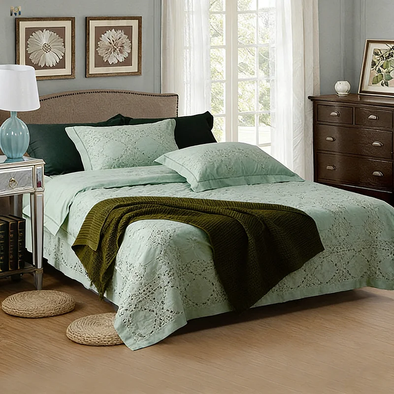 Solid-Color-Pure-Cotton-Brushed-Four-Piece-Bedding-Set-Soft-Bedsheet-Hollow-Out-Washed-Satin-Bedding-Sets-for-Home
