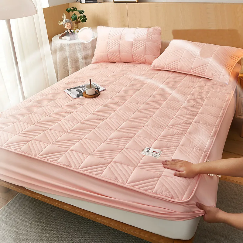 Solid-Color-Waterproof-Polyester-Bed-Cover-Mattress-Protector-Fitted-Sheet-for-Bedding-Set-Plain-Style