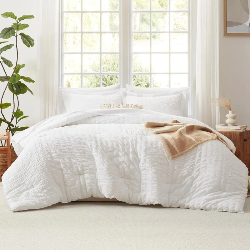 Solid-White-Seersucker-Comforter-Set-7-Piece-All-Season-Western-Bed-Sheet-Woven-Technique-Pattern-Includes-Bedding-Sheets-Pillow