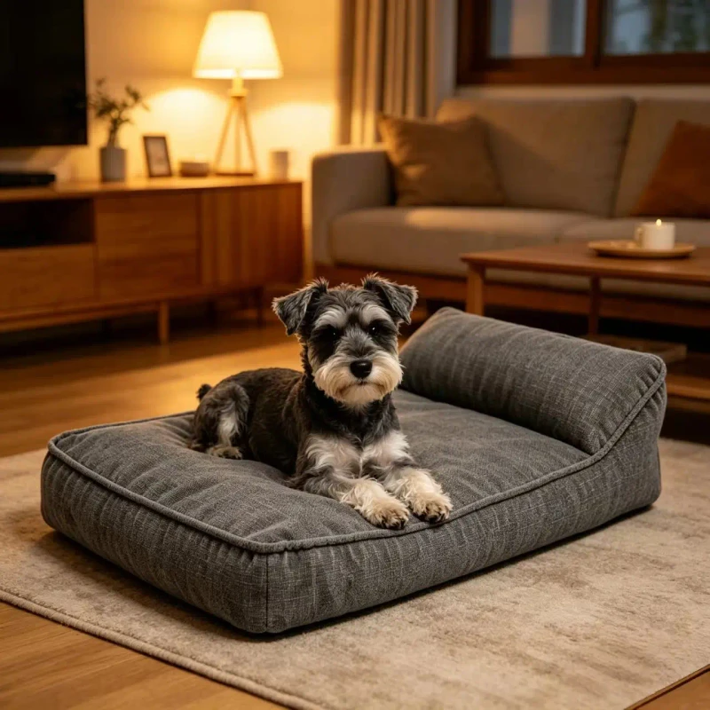 Solid-color-Linen-Fabric-Gray-Rectangle-Luxury-Waterproof-Washable-Indestructible-Dog-Bed