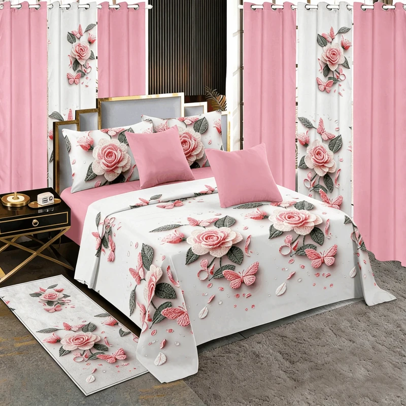 Stock-Available-13-Piece-King-Size-Bedspread-Sheet-Set-Floral-Pattern-With-Curtains-Pillow-Case-for-Home-Use