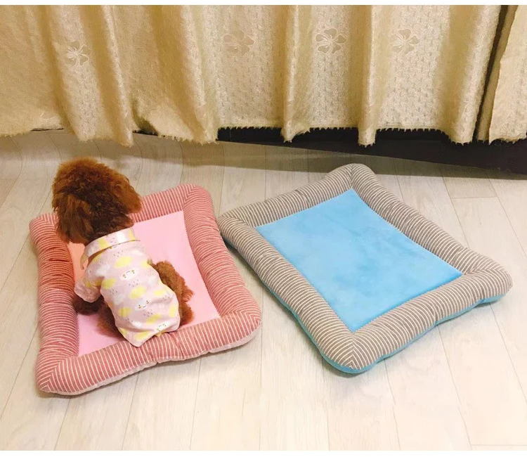 Summer-Pet-Ice-Bed-Mat-Cool-Silk-Cotton-Linen-Striped-Dog-Cat-Cooling-Pad