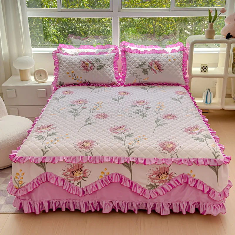 Thickened-Quilted-100-Cotton-Bed-Skirt-Korean-Princess-Style-3-Piece-Ruffled-Mattress-Cover-Set