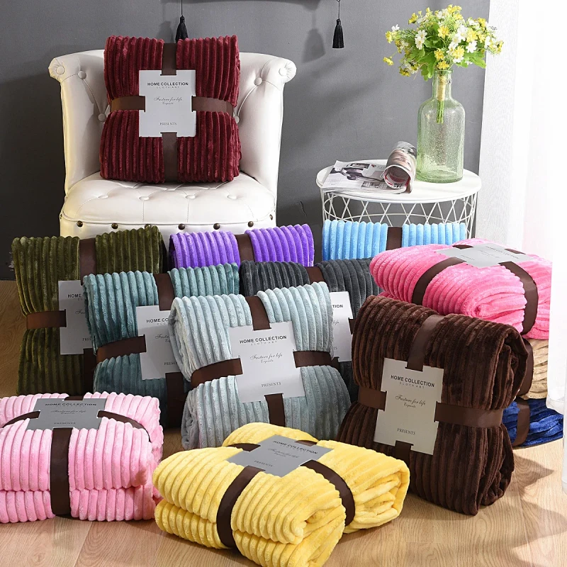 Thickened-Strip-Flannel-Throw-Blanket-Solid-Color-Drawstring-Blanket-Warm-and-Cozy-Imitation-Rabbit-Fur-Blanket-for-Couch