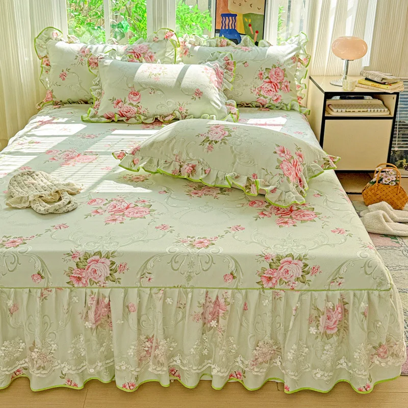 Thickened-Washed-Twill-Brushed-Printed-300tc-Single-Piece-Modern-Home-Bed-Skirt-Floral-Lace-Trim-Non-Slip-Three-Piece-Mattress