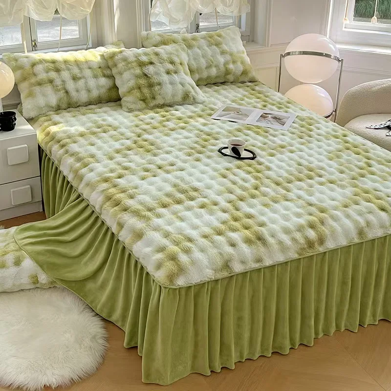 Thickened-Winter-Rabbit-Fur-Fleece-Lined-Non-Slip-Plant-Pattern-Coral-3-Piece-Bed-Skirt-Set