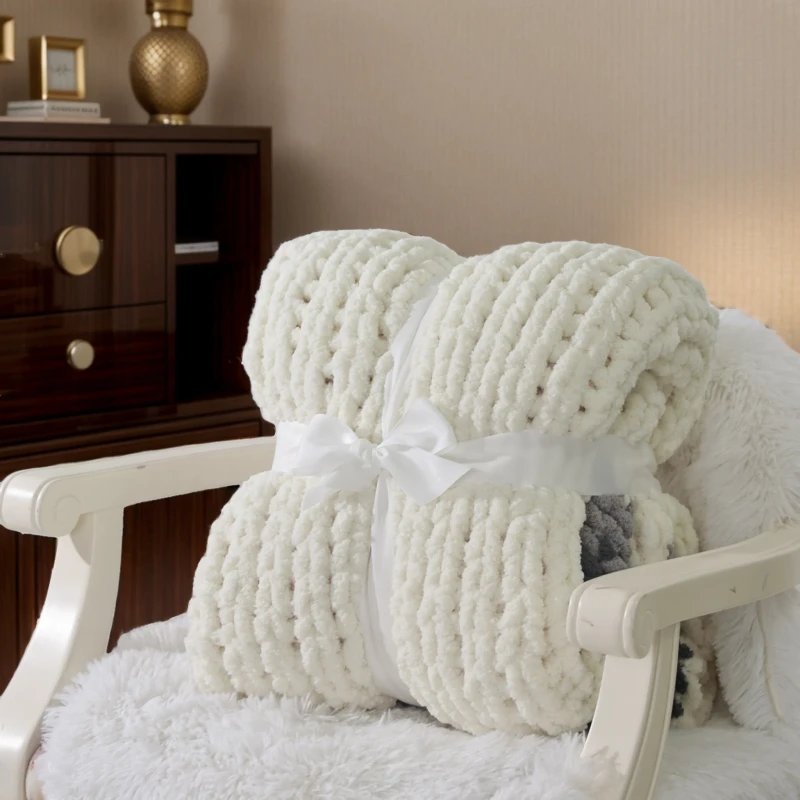 Throws-Knit-Blanket-Solid-Striped-Eco-friendly-Soft-Breathable-100-Polyester-Chenille-Chunky-Hand-Knitting-Four-Seasons